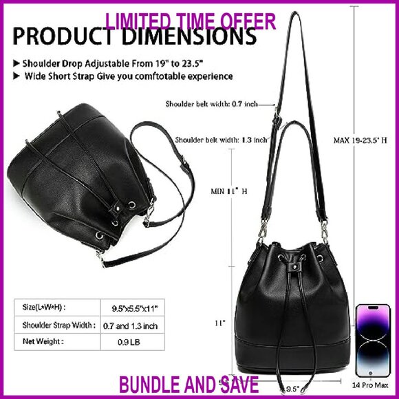 Leather Bucket Bag with Drawstring Closure and 2 Detachable Straps - Picture 7 of 8